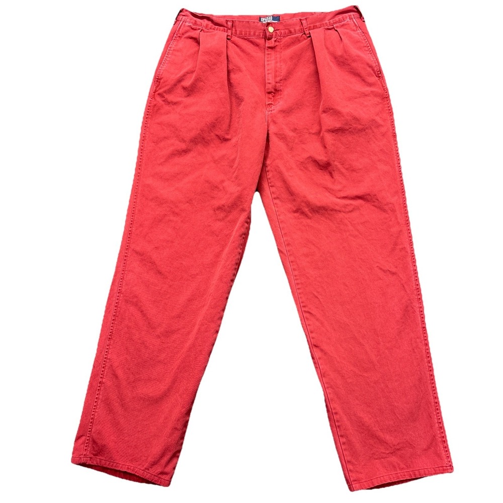 VTG Polo Ralph Lauren Chino Pants Mens 38x32 TAG-38x36 Red Pleated Made In USA